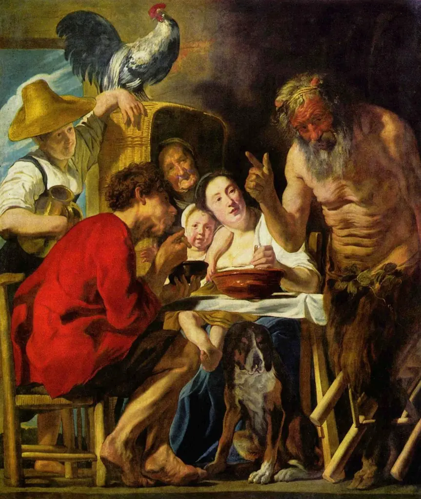 Satyr and the peasant, by Jacob Jordaens, oil, 1620