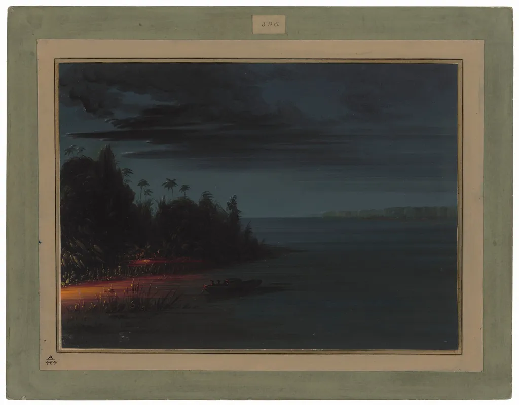 Spearing by Torchlight, by George Catlin, oil, 1862