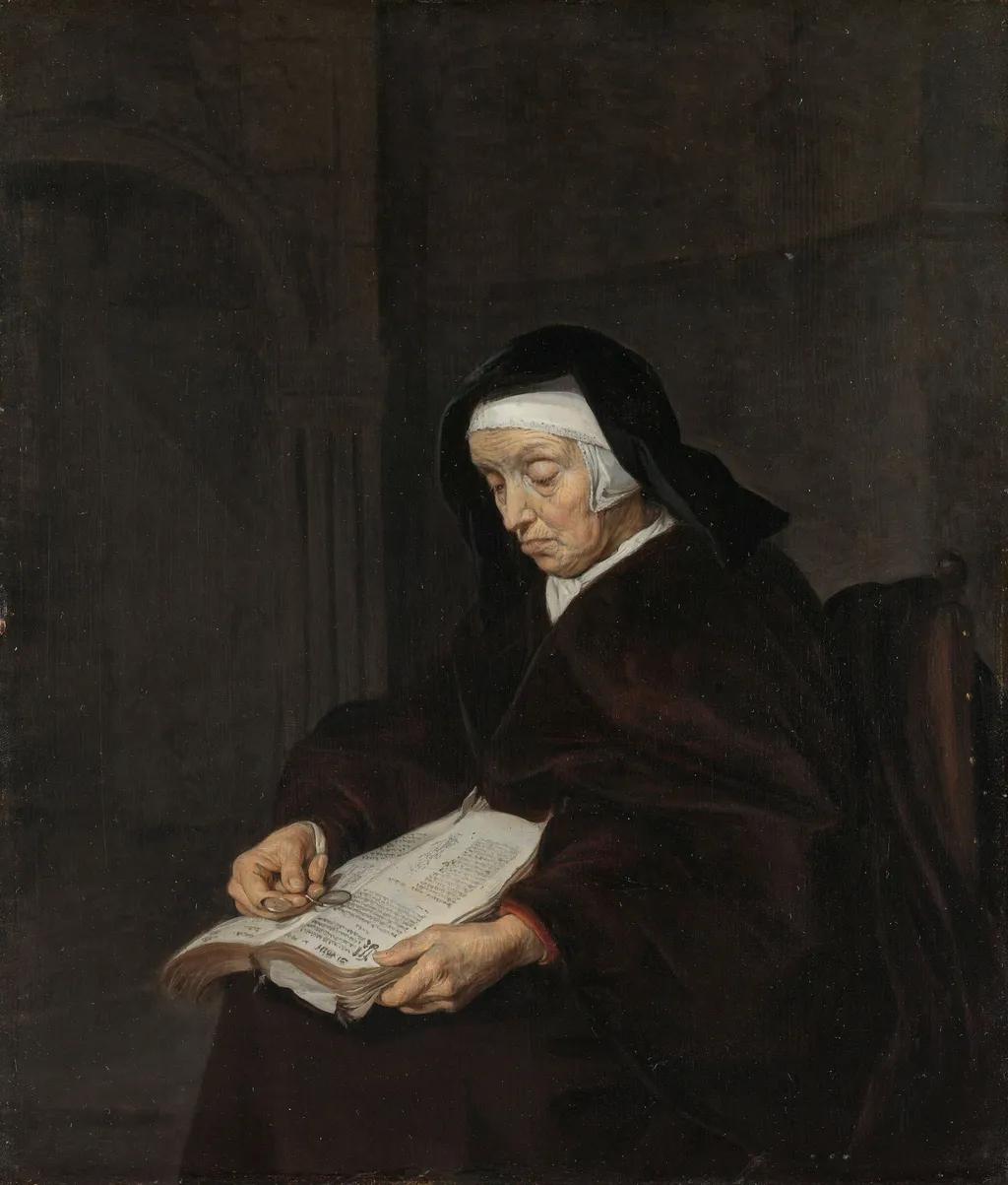 Old Woman Meditating, by Gabriel Metsu, oil, 1660