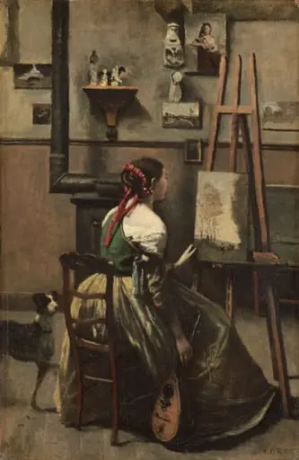 Corot's Studio: Woman Seated Before an Easel, a Mandolin in her Hand, by Jean Baptiste Camille Corot, oil, 1868
