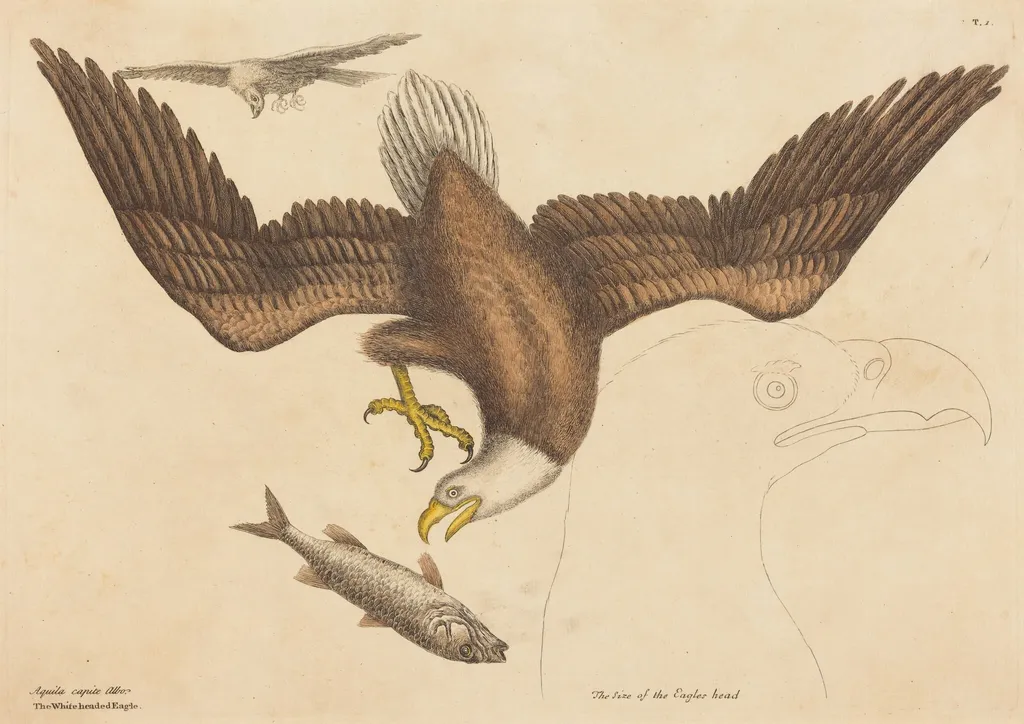 The Bald Eagle (Falco leucocephalus), by Mark Catesby, ink, 1737
