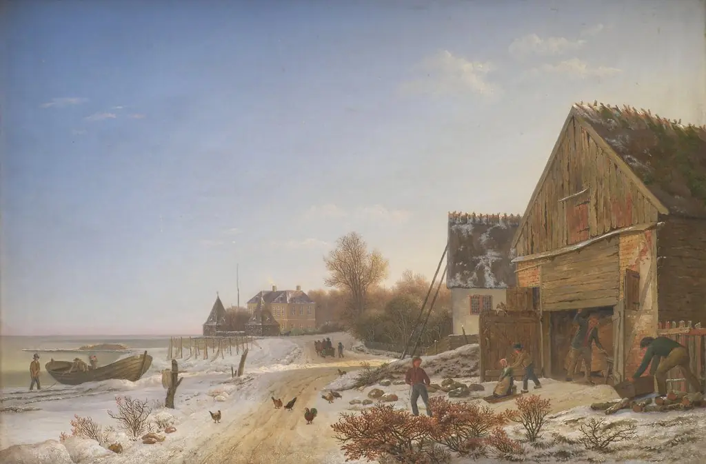 Strandvejen ved Vedbæk. Vintereftermiddag, by Johan Stroe, oil, 1838