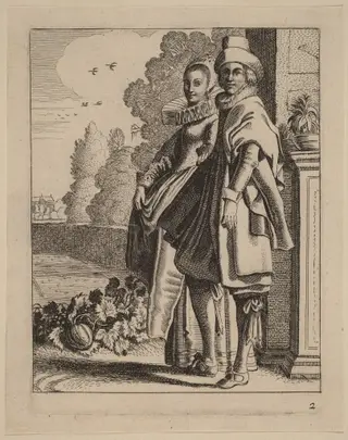 Two Figures in Costume, by Velde, Jan van de, II, ink, 1617