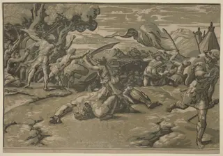 David Slaying Goliath, by Ugo da Carpi, ink, 1520