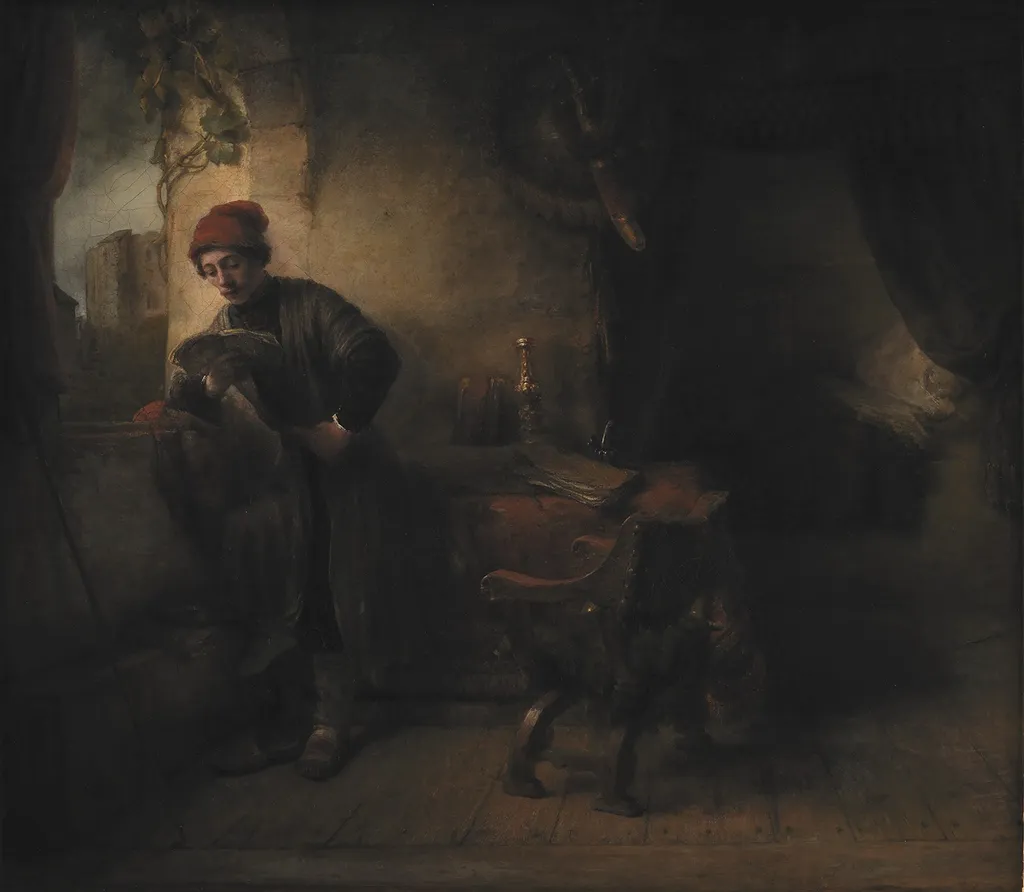 Standing Young Man at the Window in his Study Reading, known as"The Student", by Willem Drost, oil, 1647