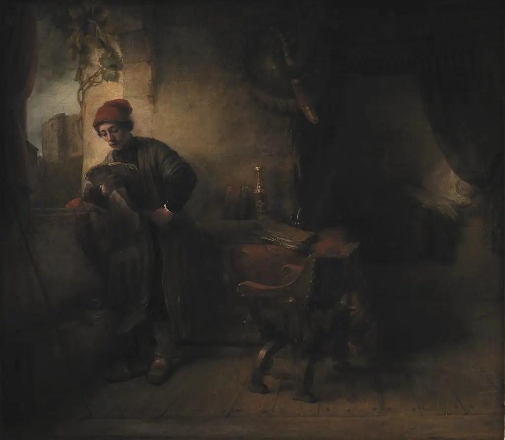 Standing Young Man at the Window in his Study Reading, known as"The Student", by Willem Drost, oil, 1647