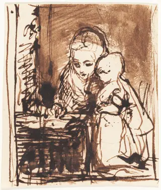 Woman Reading to a Child, by Charles West Cope, ink, 1850