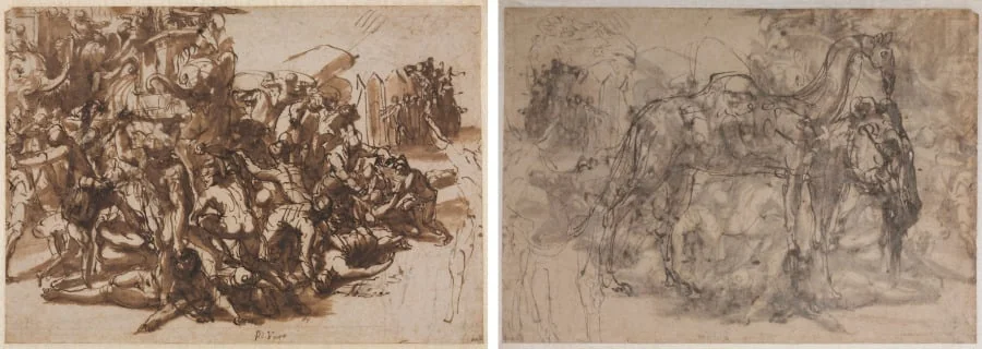 Poros Assailed by the Macedonian Army (recto); Sketches of Animals (verso), detail
