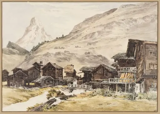 Houses and Stream at Zermatt, Switzerland, by Charles Claude Pyne, watercolor, 1822