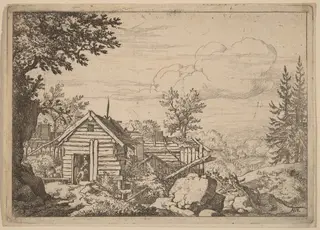 Two Men in the Doorway of a Hut, by Allart van Everdingen, ink, 1650