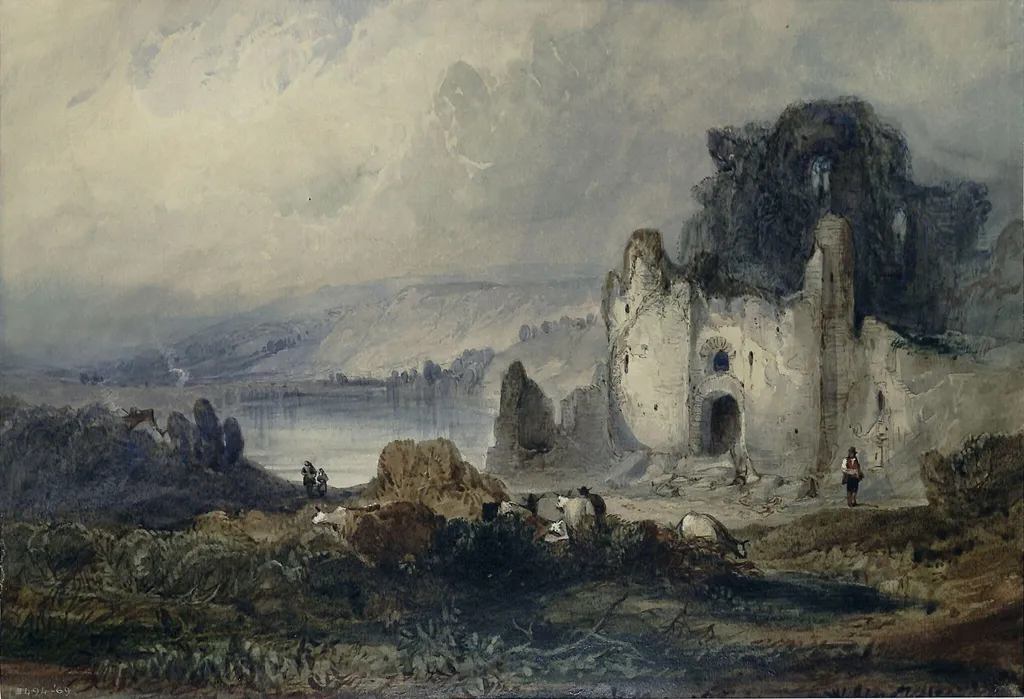 Ruined castle and lake, by Marshall, watercolor, 1850