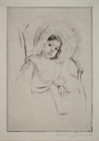Margot in a Floppy Bonnet Leaning against a Chair, by Mary Cassatt, ink, 1902