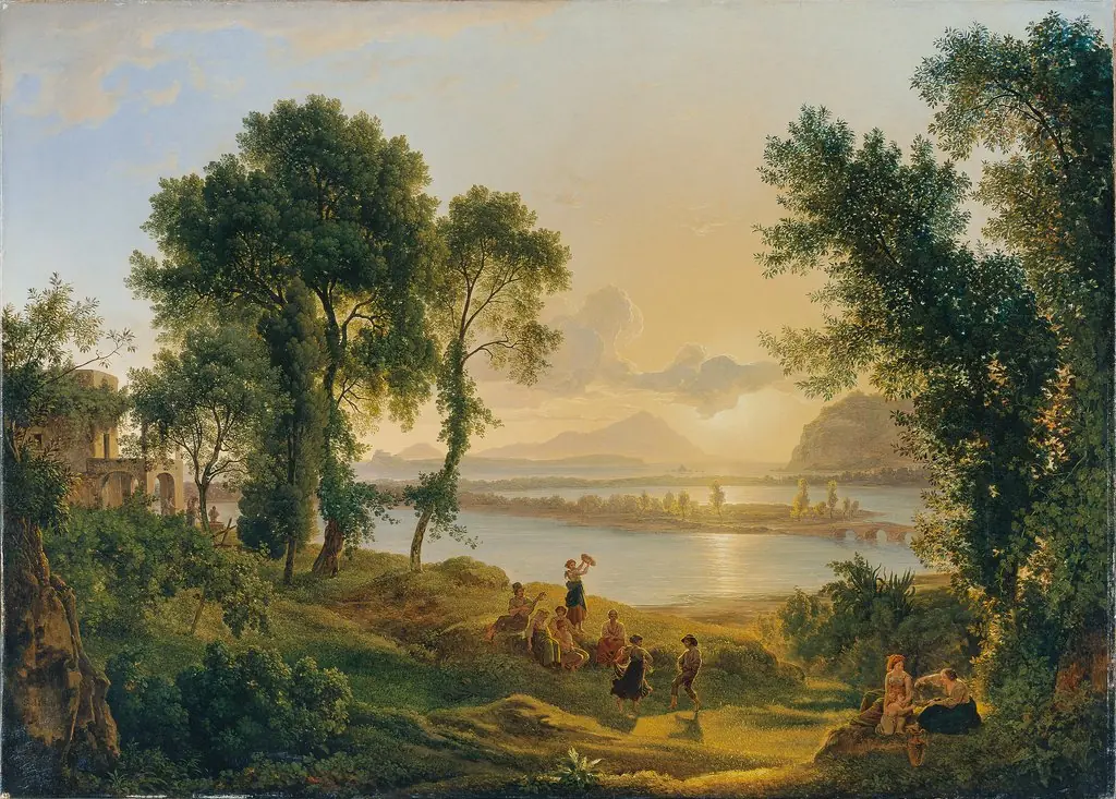 Sonnenuntergang über den Campi Flegrei gegen die Inseln Procida und Ischia, by Josef Rebell, oil, 1819