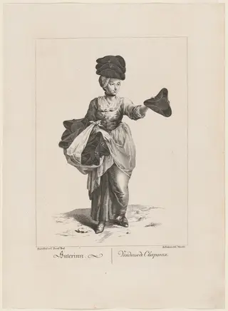 Huterinn/Vendeuse de Chapeaux. (Hat Seller), by Sebastian Mansfeld, ink, 1775