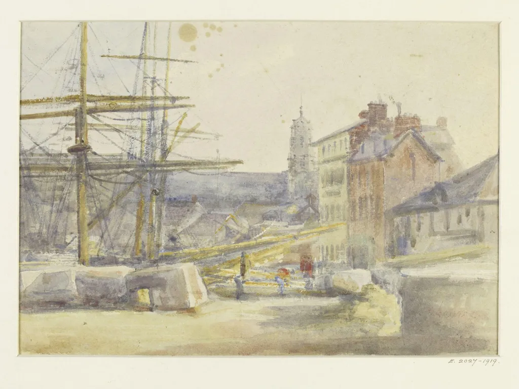 The quayside in a small French port, by Jules Lessore, 1870
