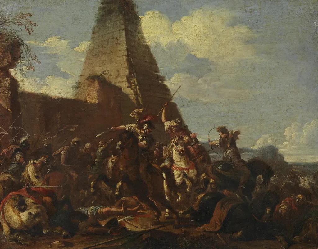 Equestrian battle against Orientals in front of a pyramid, by Jacques Courtois, unspecified, 1648