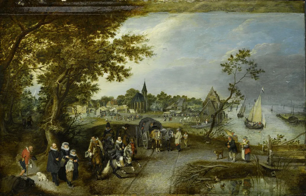 Landscape with figures and a village kermis, by Adriaen van de Venne, oil, 1615
