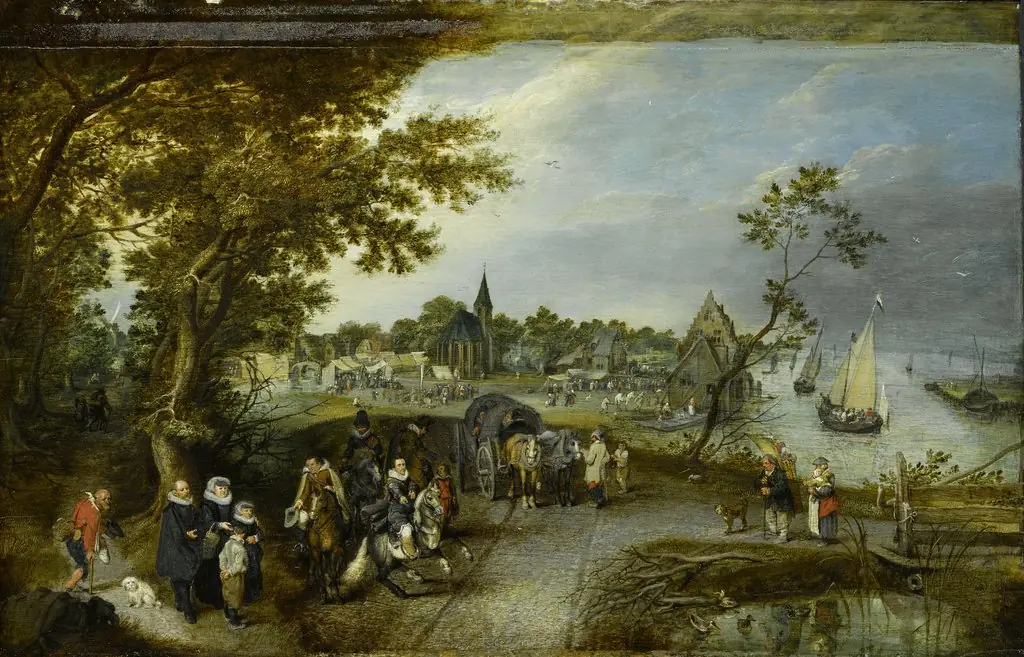 Landscape with figures and a village kermis, by Adriaen van de Venne, oil, 1615