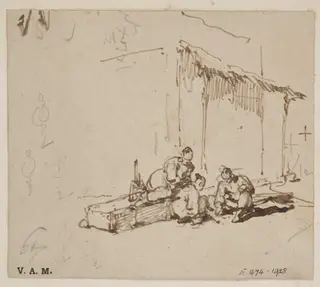 Three Chinese men playing a game, by George Chinnery, 19