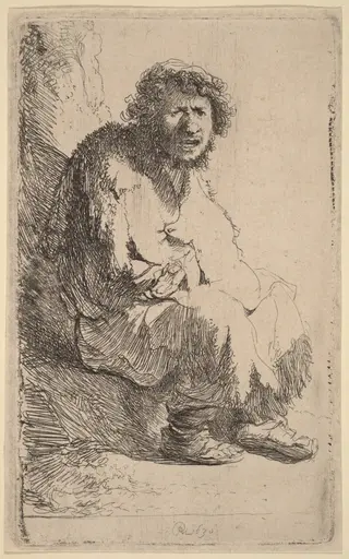 Beggar Seated on a Bank, by Rembrandt van Rijn, ink, 1630
