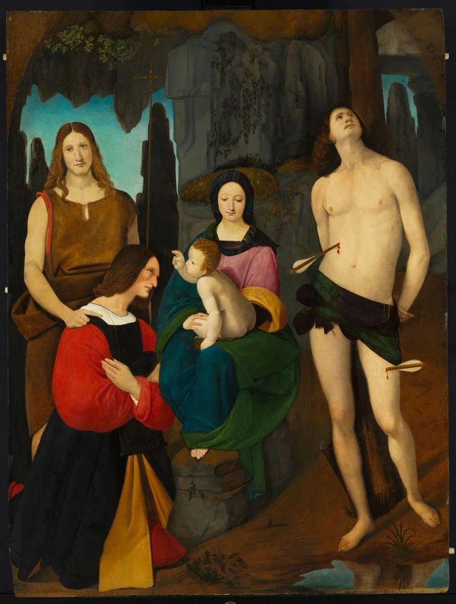 Madonna and Child with Saint John the Baptist, Saint Sebastian and Donor Bassiano Da Ponte, detail