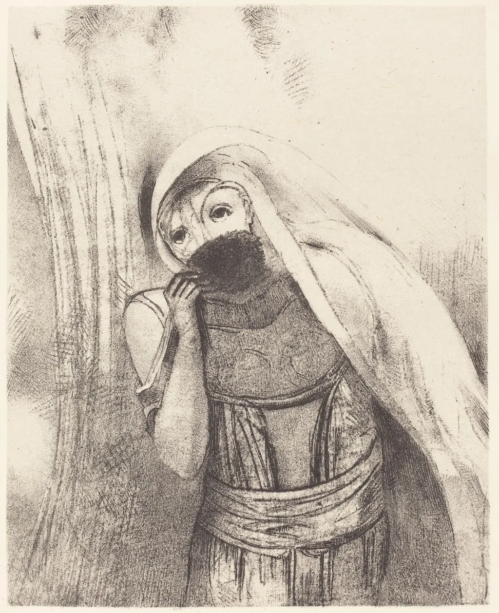 Elle tire de sa poitrine une eponge toute noire, la couvre de baisers (She draws from her bosom a sponge, perfectly black, and covers it with kisses), by Odilon Redon, ink, 1896