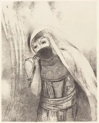 Elle tire de sa poitrine une eponge toute noire, la couvre de baisers (She draws from her bosom a sponge, perfectly black, and covers it with kisses), by Odilon Redon, ink, 1896