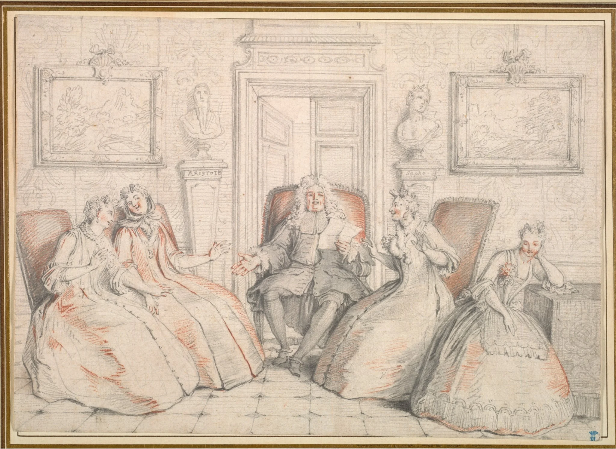 Trissotin Reading to Philaminte, Bélise, and Armande (from act 3, scene 2 of Molière's "Les Femmes Savantes", detail