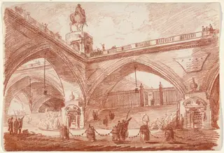 Architectural Fantasy with a Triumphal Bridge, by Hubert Robert, chalk, 1760