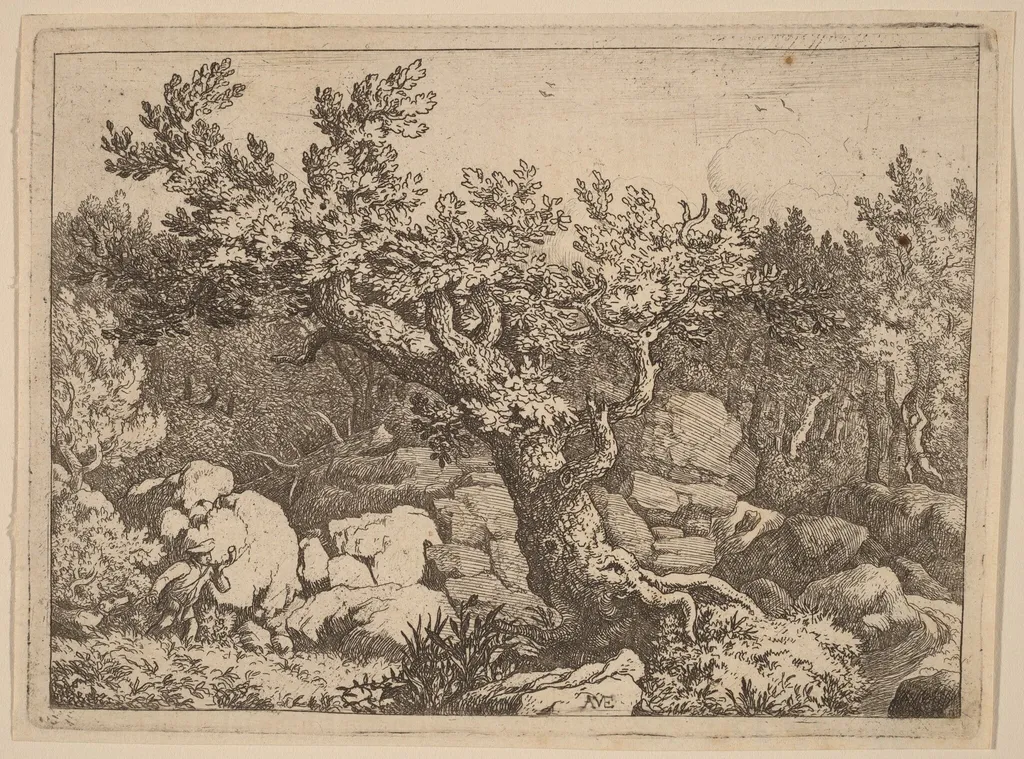 Sportsman near a Large Tree, by Allart van Everdingen, ink, 1650