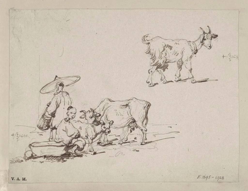 Two figures with a cow and calf; and a goat, by George Chinnery, 16