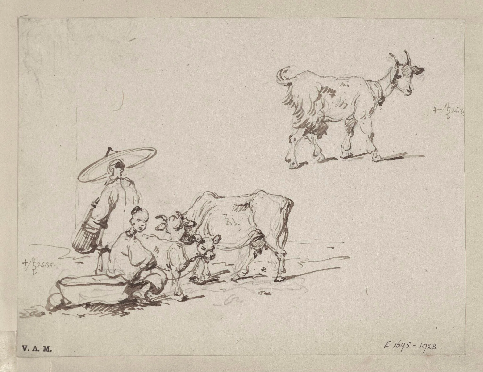 Two figures with a cow and calf; and a goat, detail