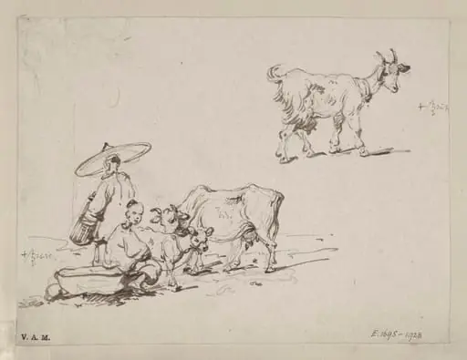Two figures with a cow and calf; and a goat, by George Chinnery, 16