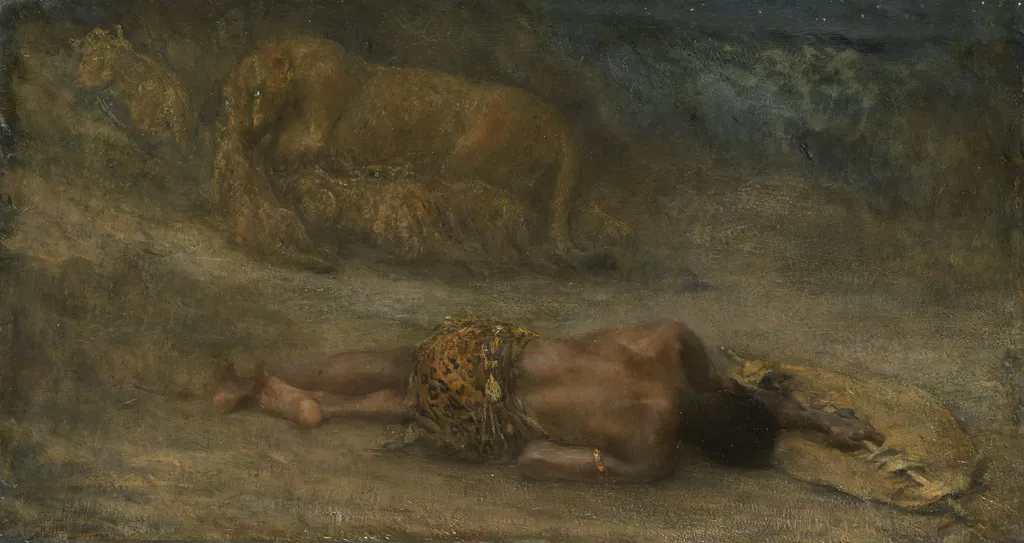 A lioness with her cubs near a dead black man called 'Nemesis', by John Macallan Swan, oil, 1894
