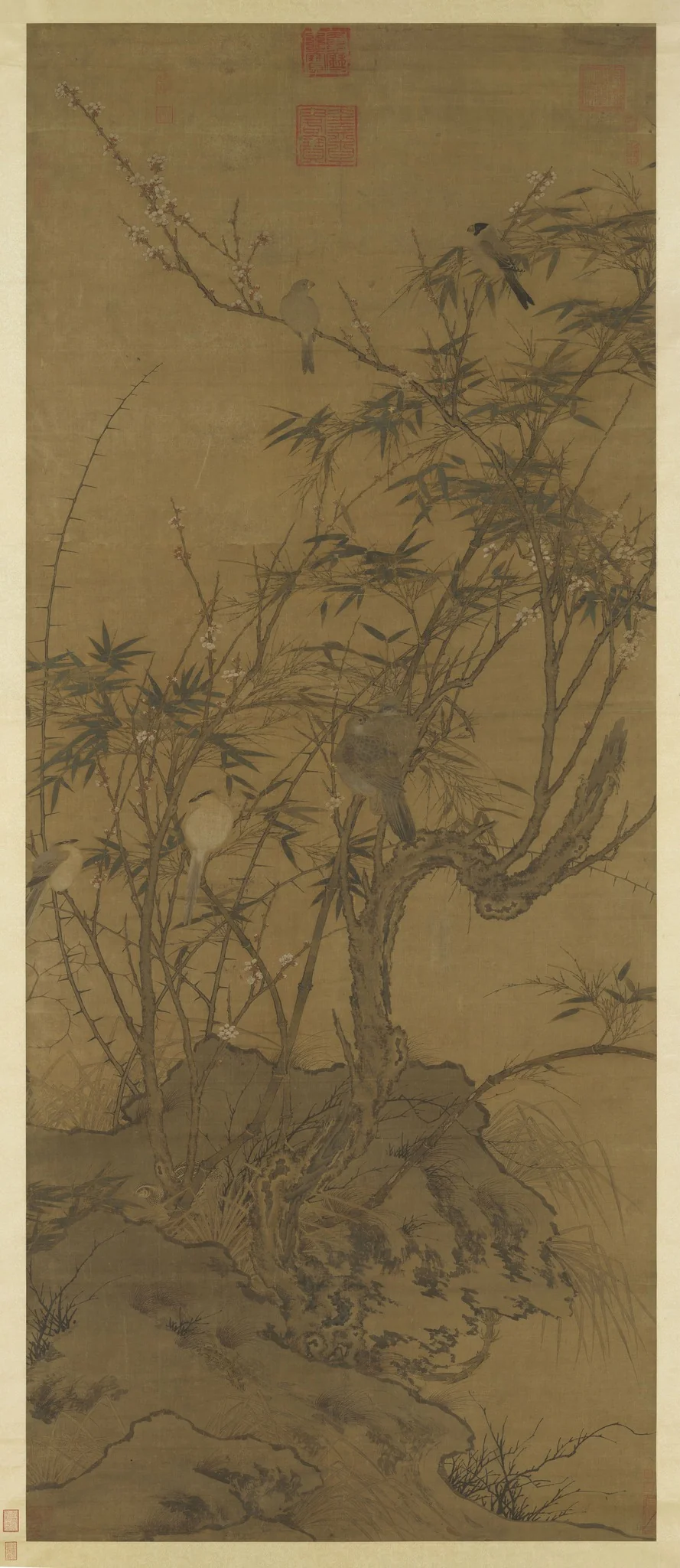 Plum Tree, Bamboo, and a Gathering of Birds, detail