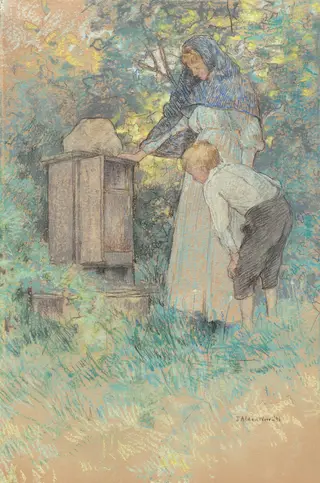 Watching the Bees, by Julian Alden Weir, pastel, 1896