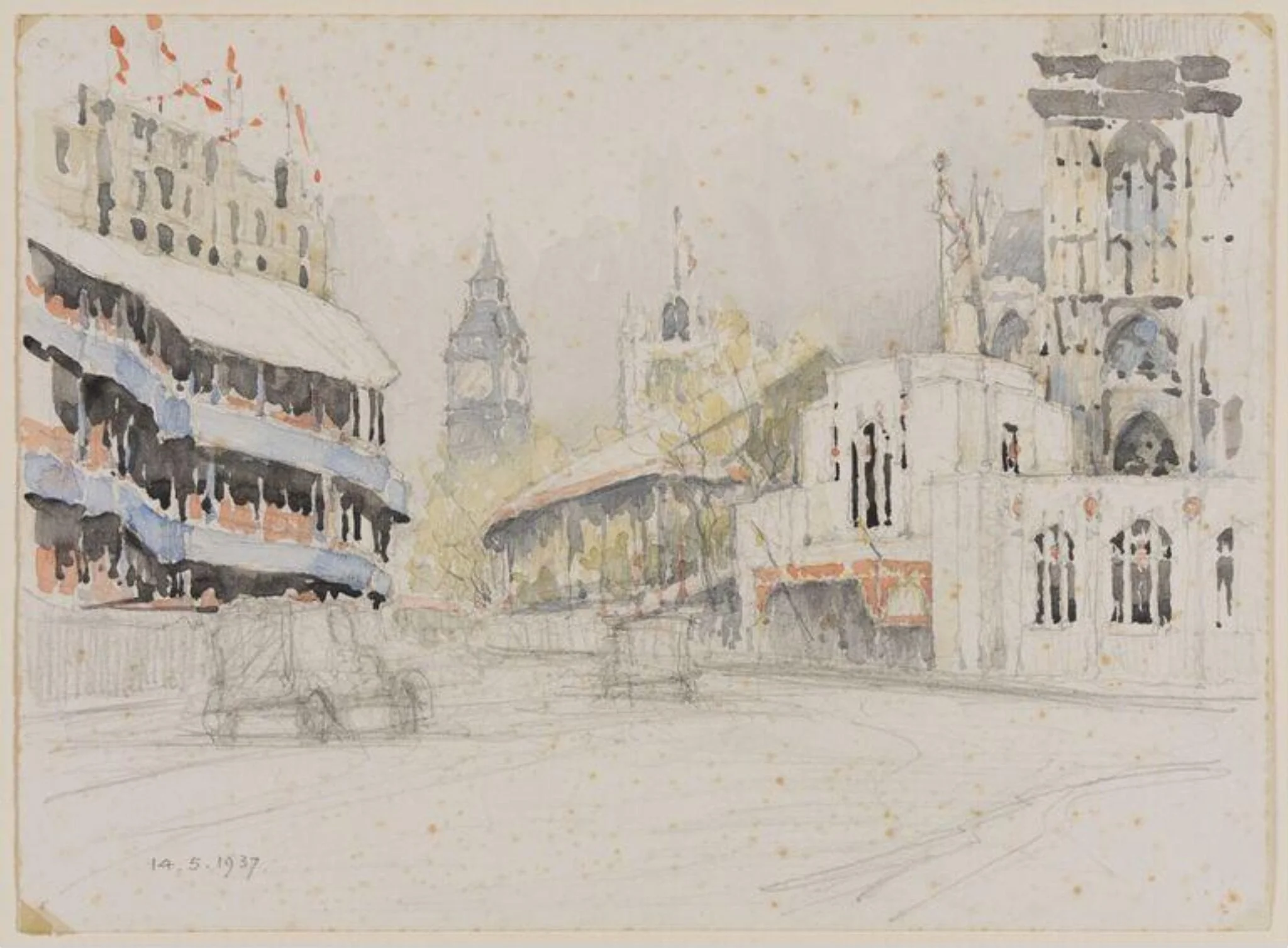 Entrance to Westminster Abbey with Big Ben in the distance, detail