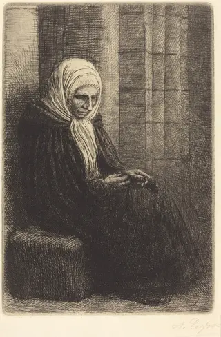 Woman Seated against a Wall, Child with His Head in Her Lap (Femme assis, muraille au fond, enfant la tete dans son giron), by Alphonse Legros, ink, 1874