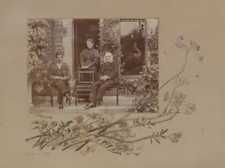 Photograph of Bertram, Beatrix and Rupert Potter with partial border design of yellow and purple flowers, by Rupert Potter, watercolor, 1898