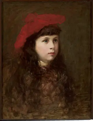Portrait of a girl in a red beret, by Maurycy Trębacz, oil, 1897