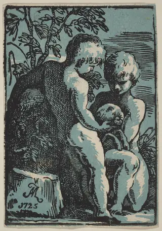 Two Children Petting a Lamb, by Anton Maria Zanetti I, ink, 1725