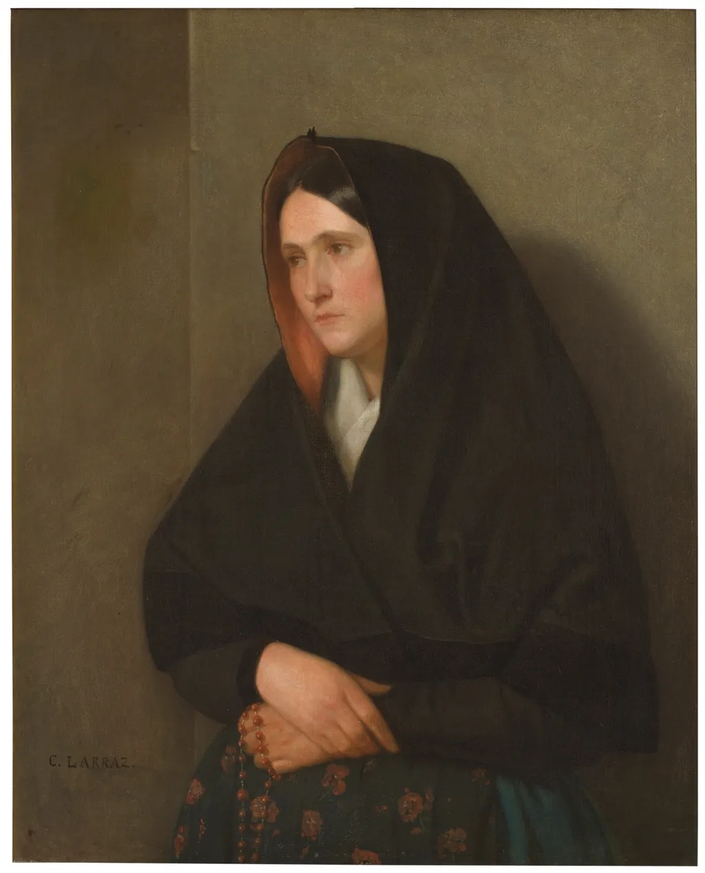 Woman with a rosary, by Carlos Larraz y Micheto, oil, 1856