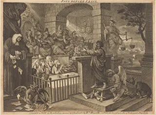 Paul before Felix Burlesqued, by William Hogarth, ink, 1751