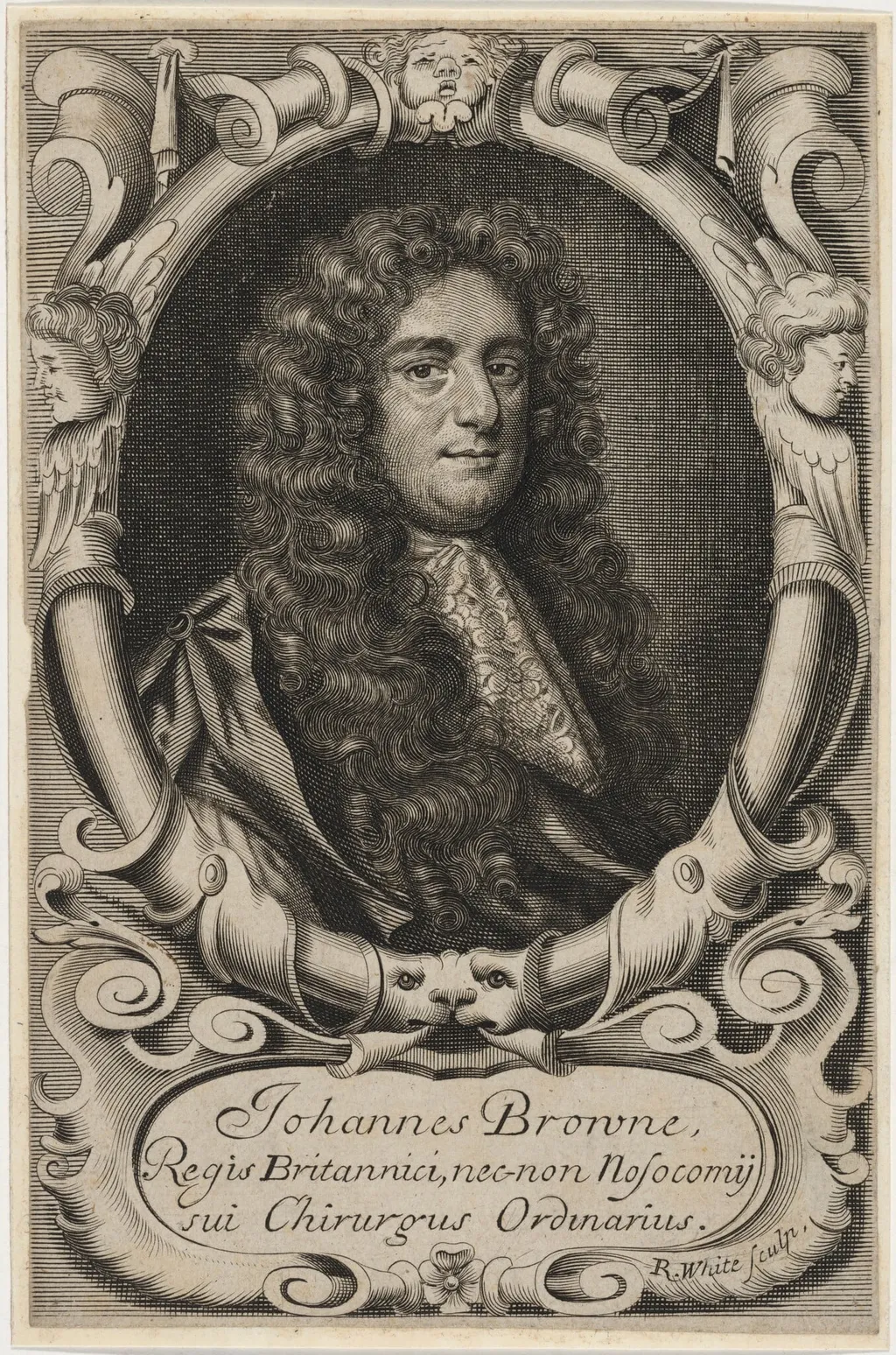 Dr. John Browne, Surgeon, by Robert White, ink, 1674