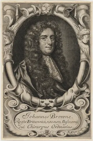 Dr. John Browne, Surgeon, by Robert White, ink, 1674