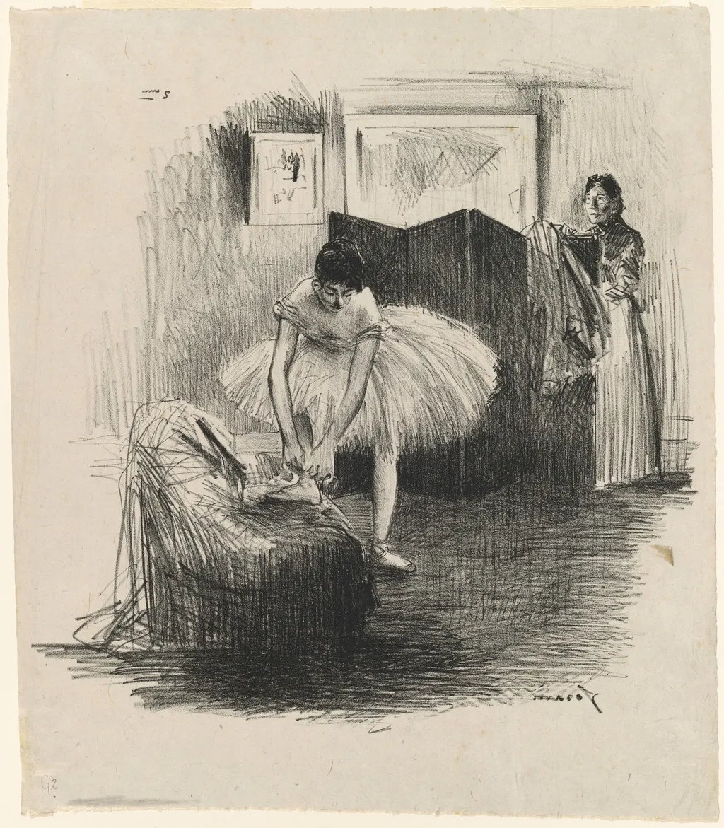 Danseuse rattachant son chausson (Dancer Tying Her Slipper), by Jean-Louis Forain, ink, 1891