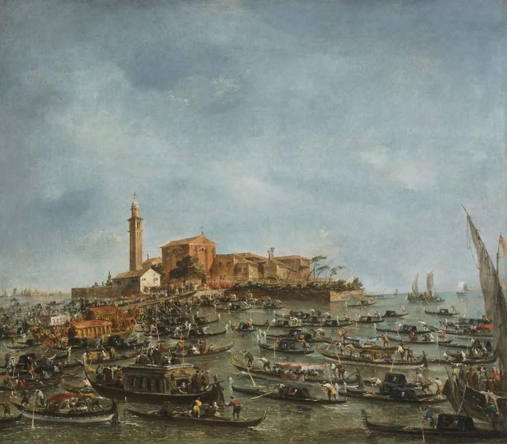 The Meeting of Pope Pius VI and Doge Paolo Renier at San Giorgio in Alga, by Francesco Guardi, oil, 1792