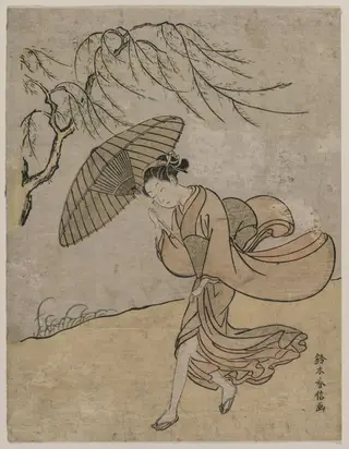 Woman Running Past a Willow Tree in a Breeze, by Suzuki Harunobu, 1766