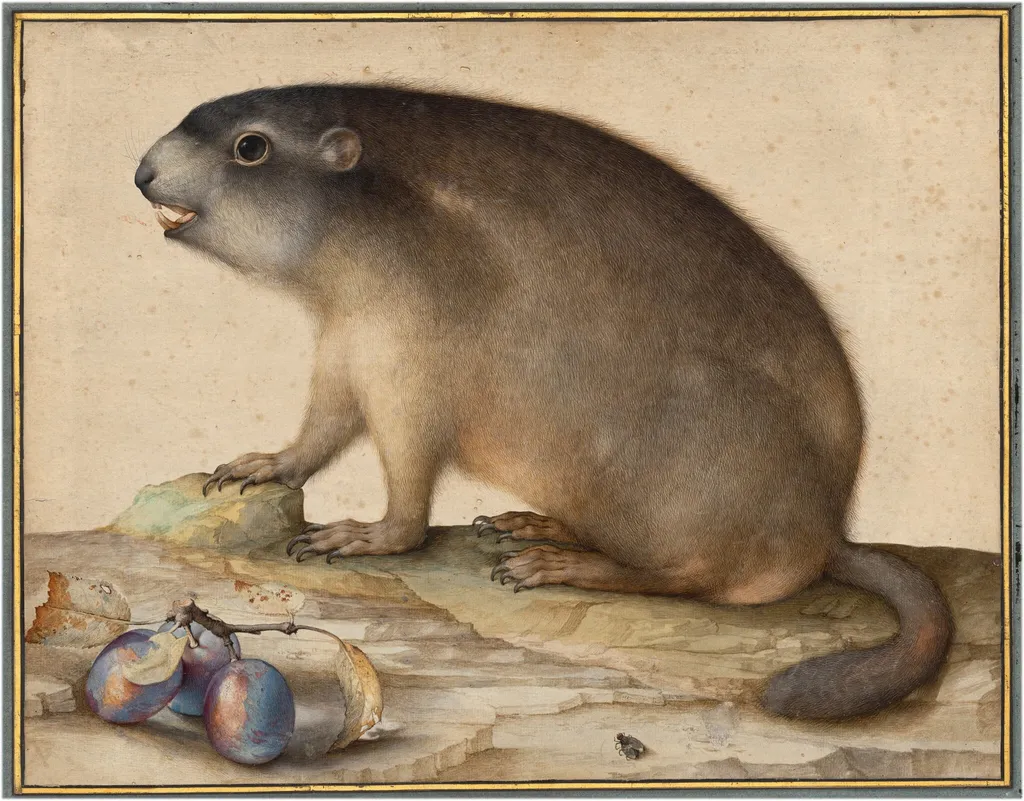 A Groundhog or Marmot with a Branch of Plums, by Jacopo Ligozzi, watercolor, 1605