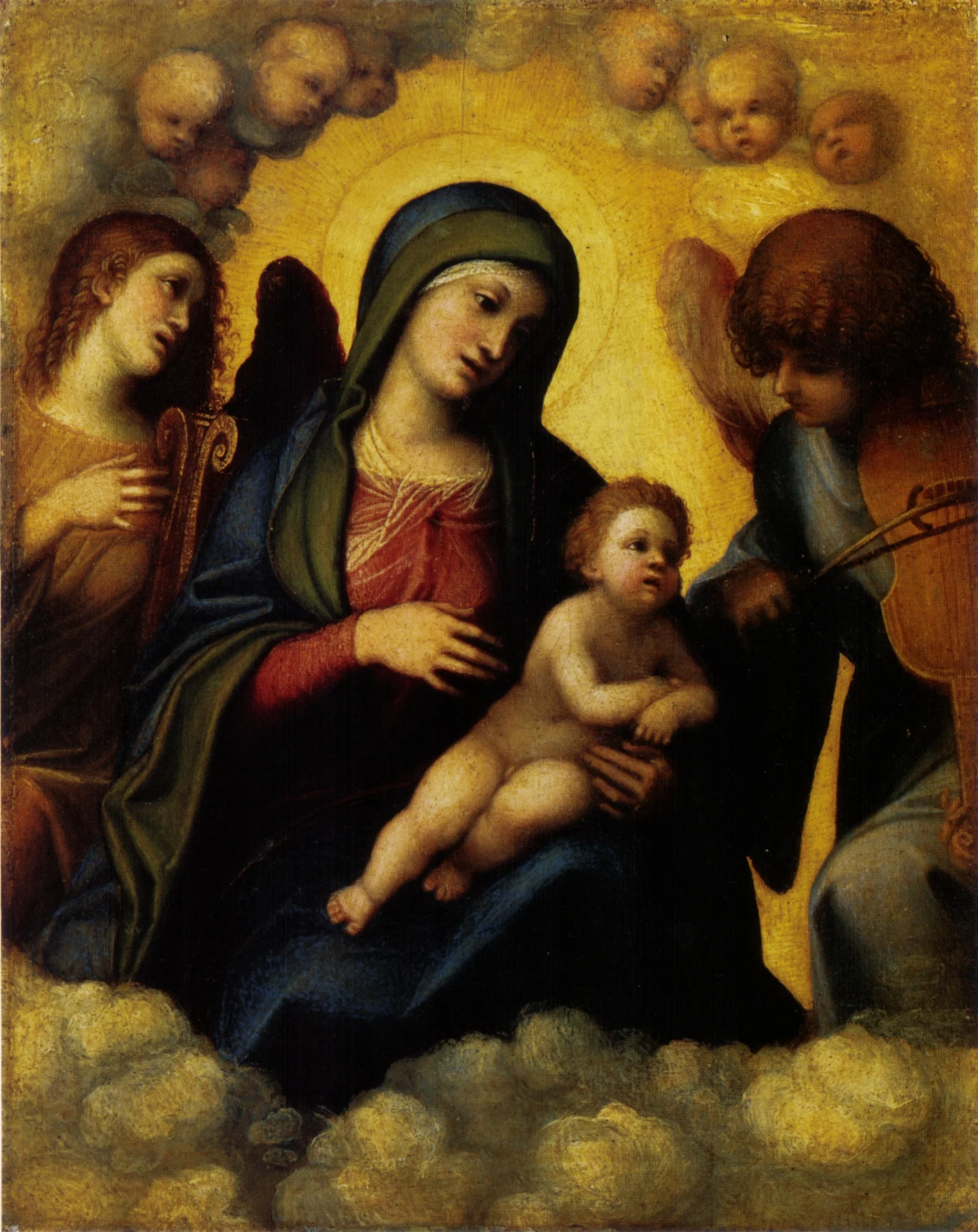 Madonna with child and two angel musicians, detail